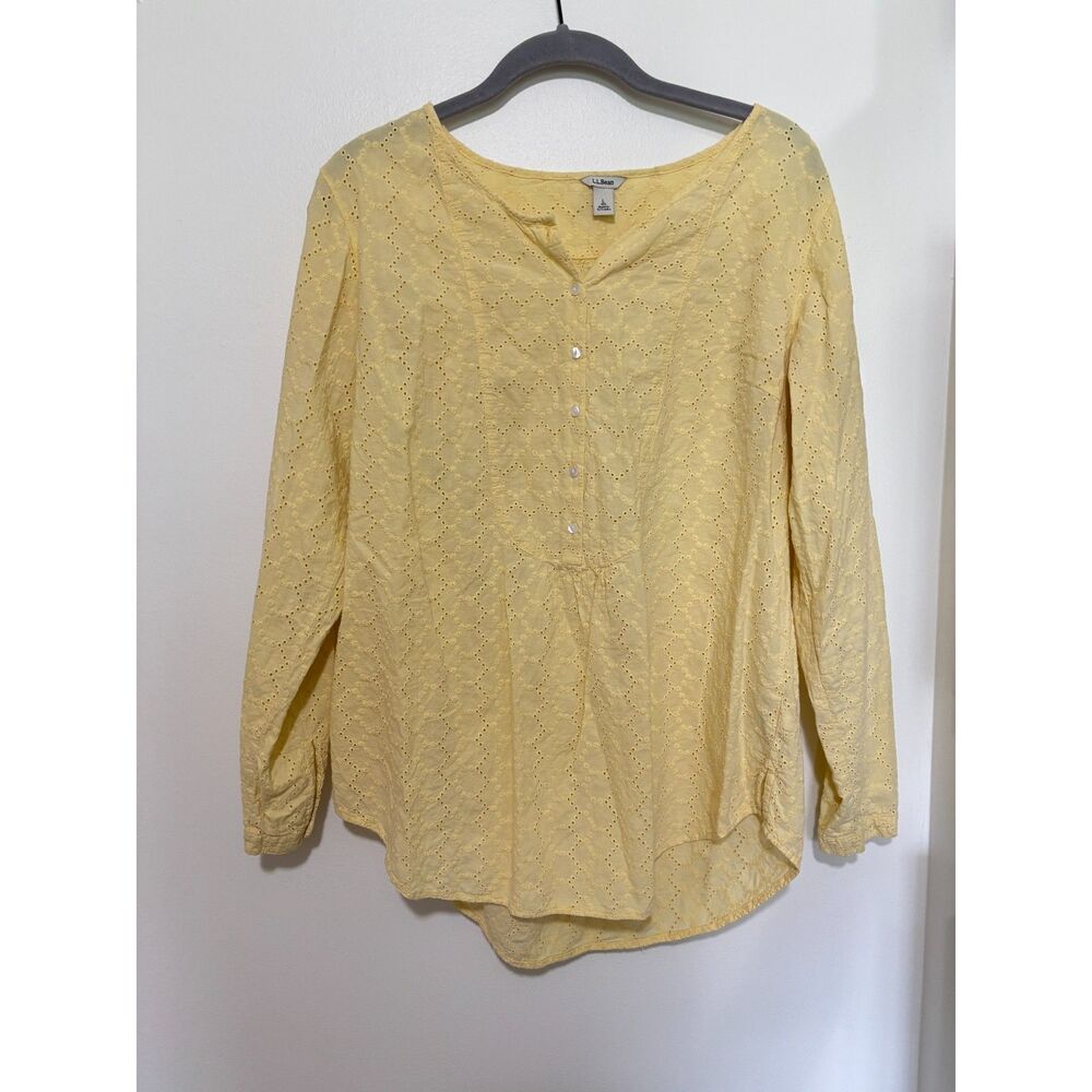 LL Bean Butter Yellow Eyelet Blouse‎ Women Large Boho Cottagecore Cotton Top
